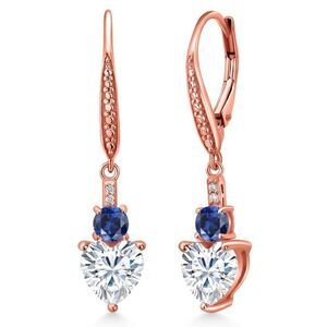 18K Rose Gold with 3.13 Cttw Moissanite and Blue Sapphire Heart Drop Earrings